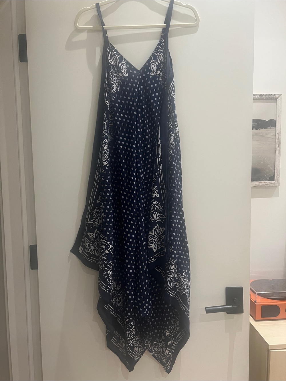 Tommy Bahama Navy and White Bandana-Print Handkerchief Hem Dress size small